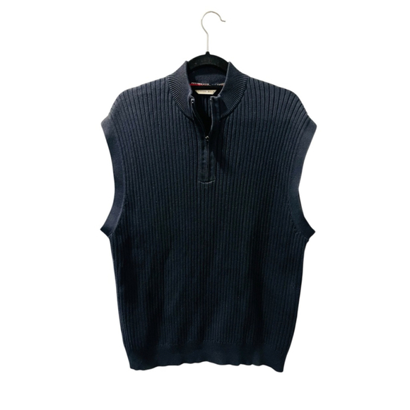 Cutter & Buck Navy Blue Ribbed 1/4 Zip Sweater Vest Men's Size Medium Cotton - Picture 1 of 6